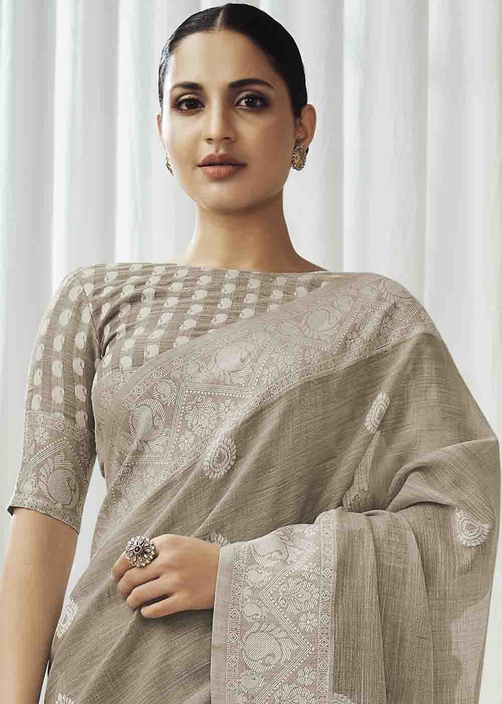 Crocodile Grey Chikankari Linen Saree