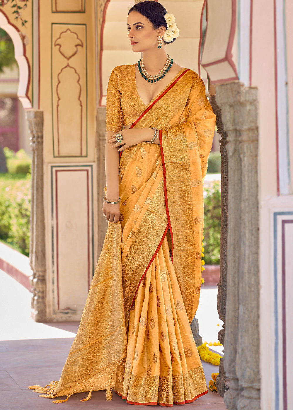 Sandy Yellow Zari Woven Banarasi Linen Saree