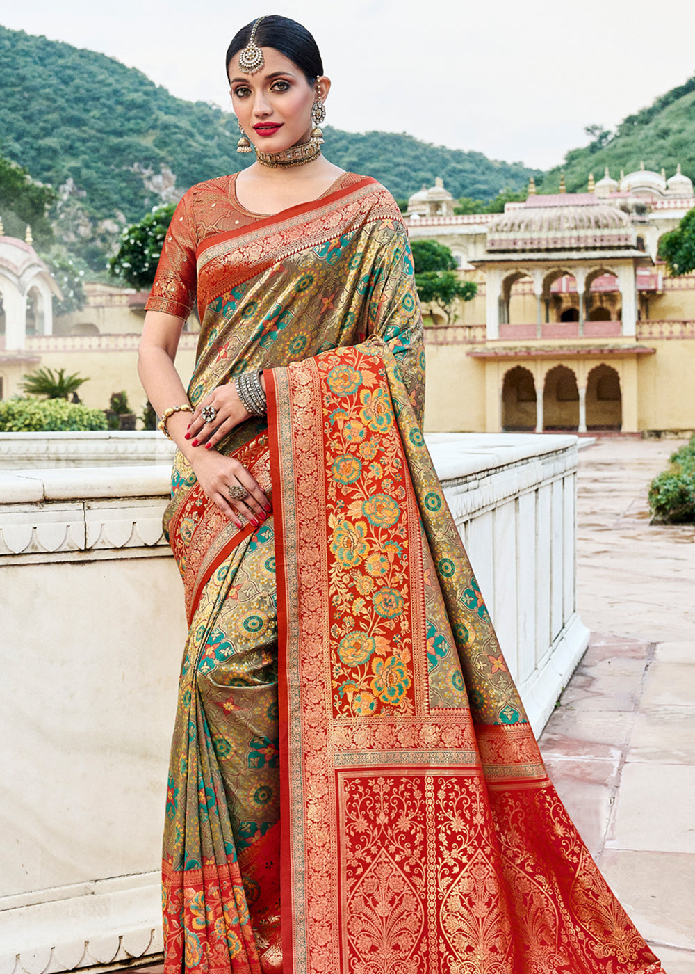 Sage Green and Red Designer Banarasi Saree