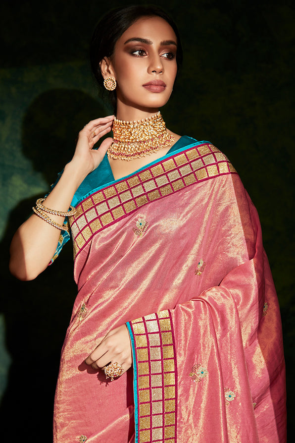 Copper Pink and Blue South Silk Saree