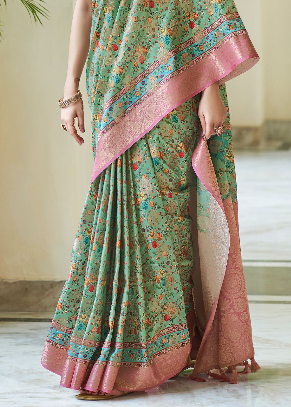 Amulet Green Banarasi Saree with Jamewar Print