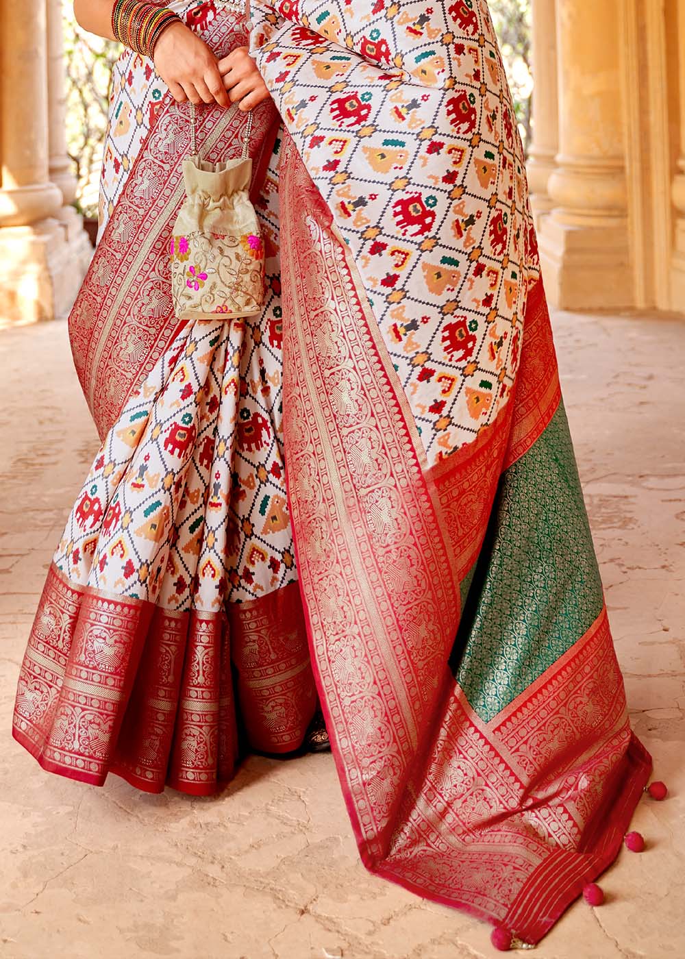 Swiss Coffee White and Red Printed Patola Saree