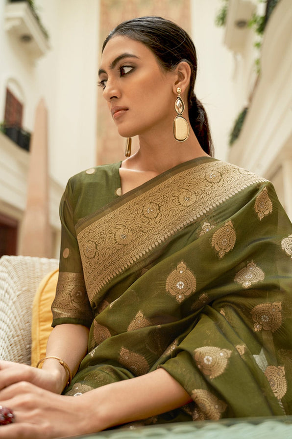 Yellow Metal Green Zari Woven Organza Silk Saree