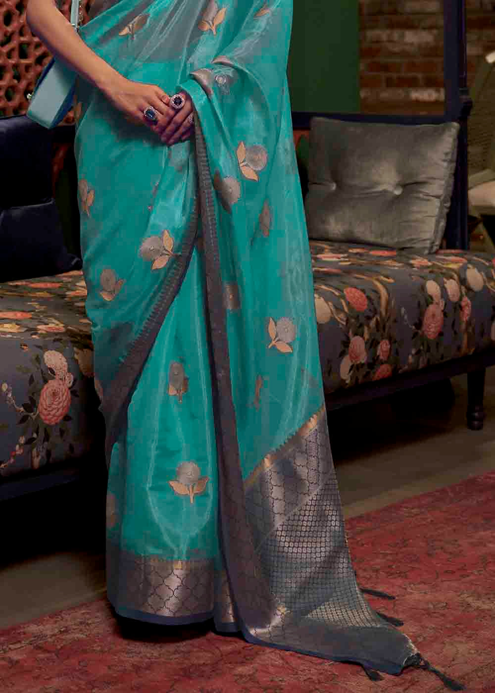 Ming Blue Zari Woven Two Tone Organza Saree