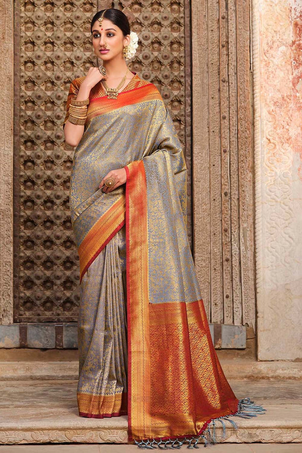 Bronco Grey and Orange Zari Woven Kanjivaram Saree