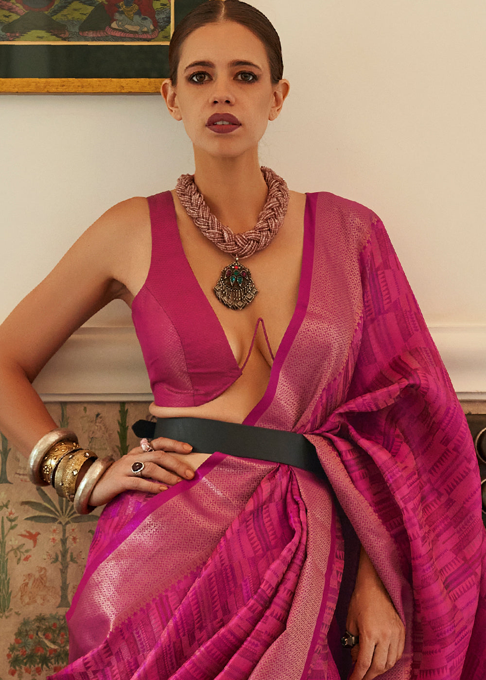 Blush Pink Handloom Organza Silk Saree by bollywood actress Kalki Koechlin