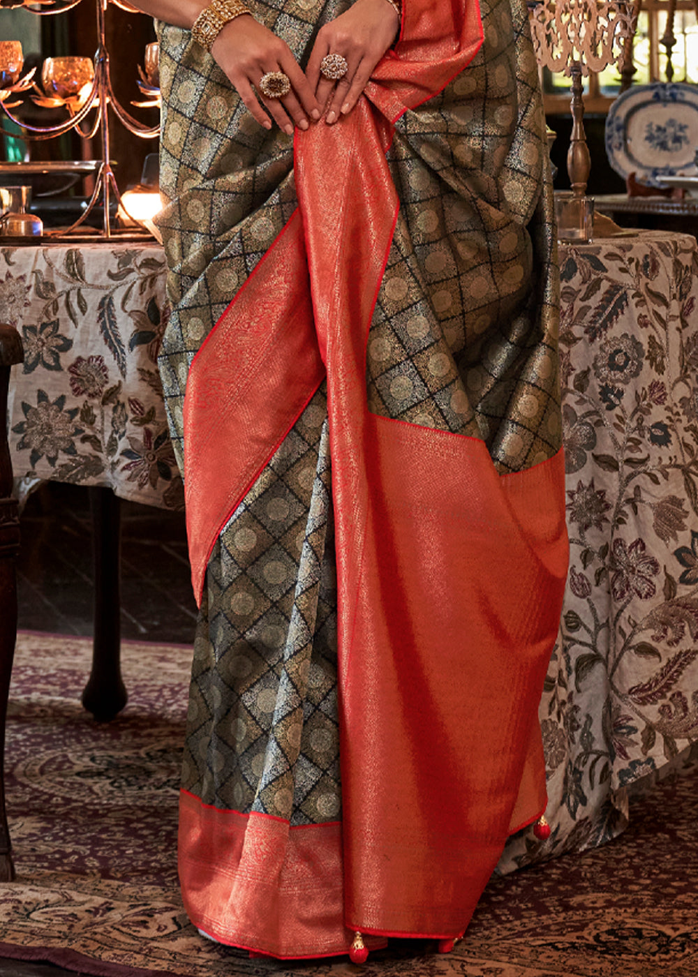 Quincy Black and Red Woven Kanjivaram Saree