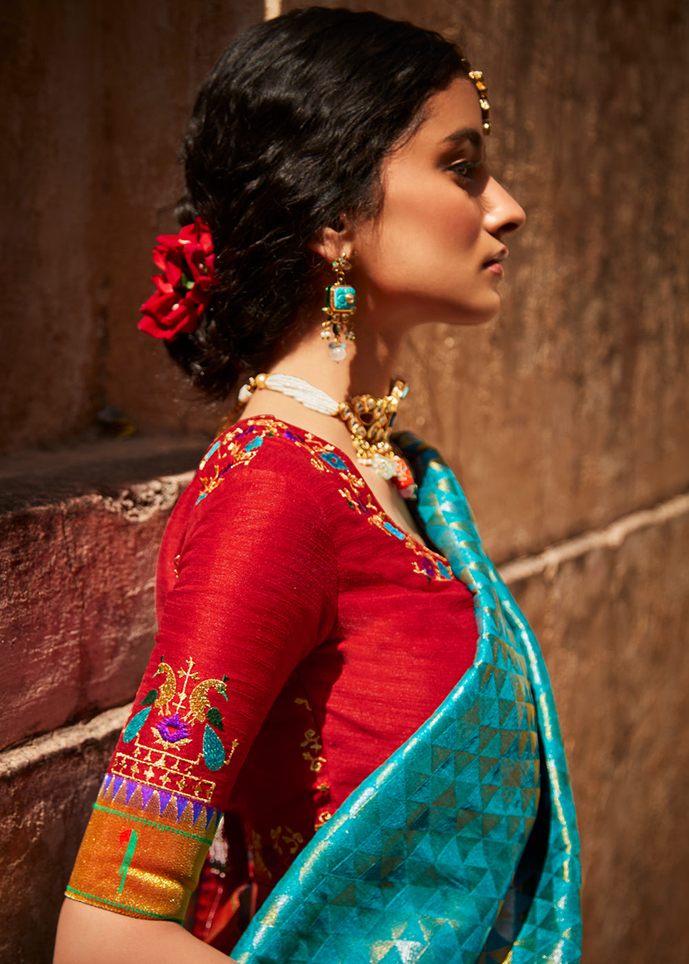 Malachite Blue and Red Zari Woven Designer Banarasi Saree