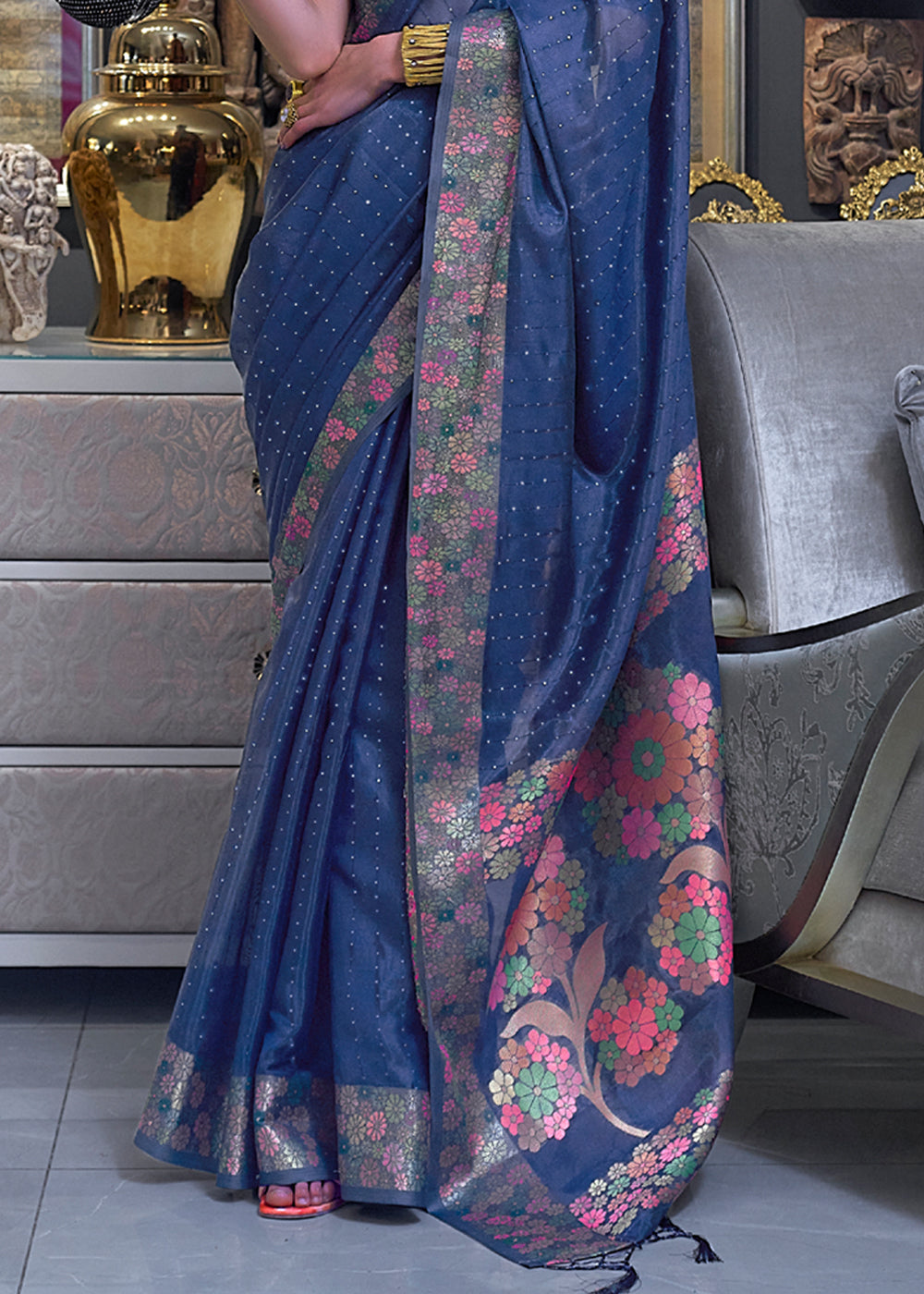 San Juan Blue Woven Dual Tone Organza Banarasi Silk Saree