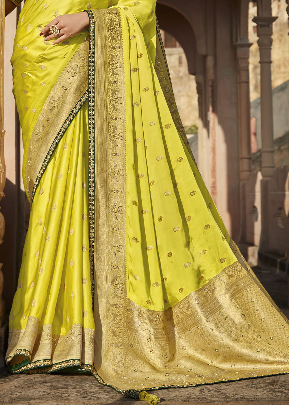 Sunflower Green Zari Woven Banarasi Silk Saree with Embroidered Blouse