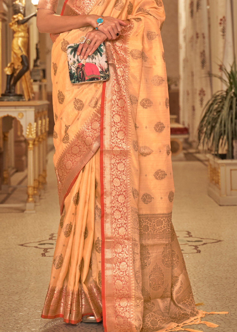 Cheese Orange Zari Woven Banarasi Linen Saree