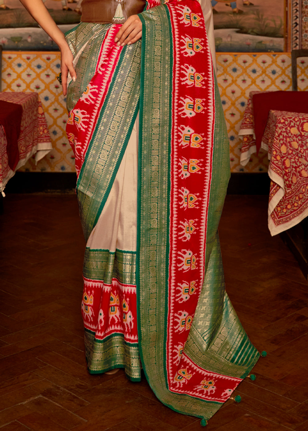 Brandy Beige and Green Banarasi Patola Saree