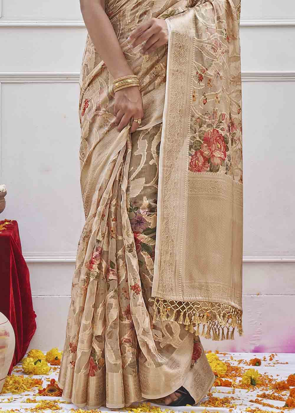 Sandrift Brown Digital Printed Organza Silk Saree