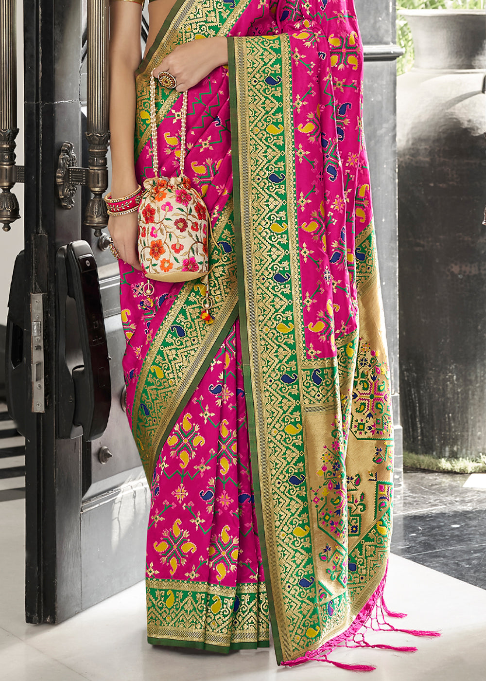 Bittersweet Pink and Green Zari Woven Banarasi Patola Saree