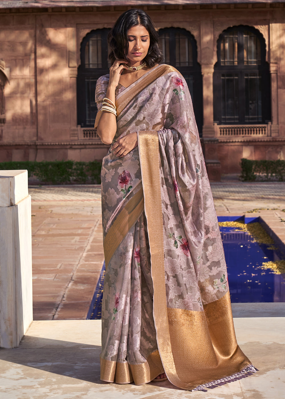 Del Rio Purple Digital Printed Banarasi Cotton Saree