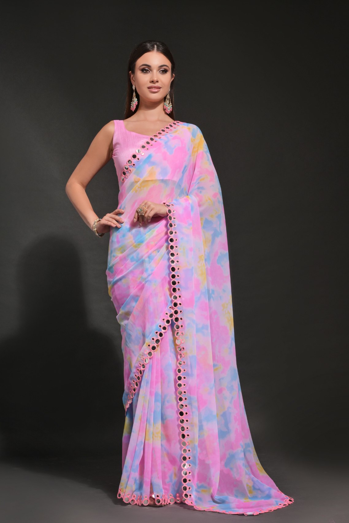 Gloss Pink and Purple Printed Georgette Saree