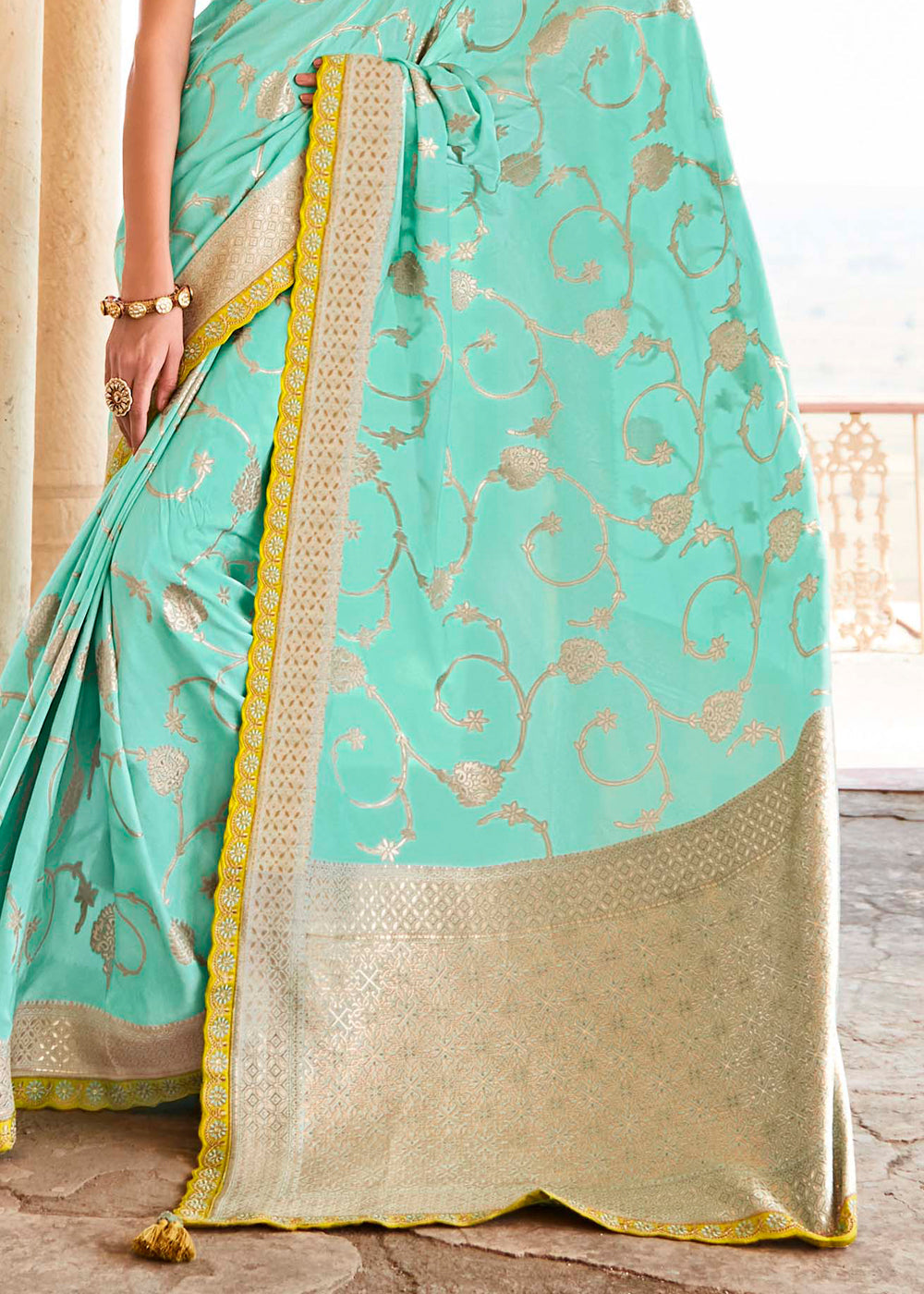 Riptide Blue and Yellow Zari Woven Designer Banarasi Saree