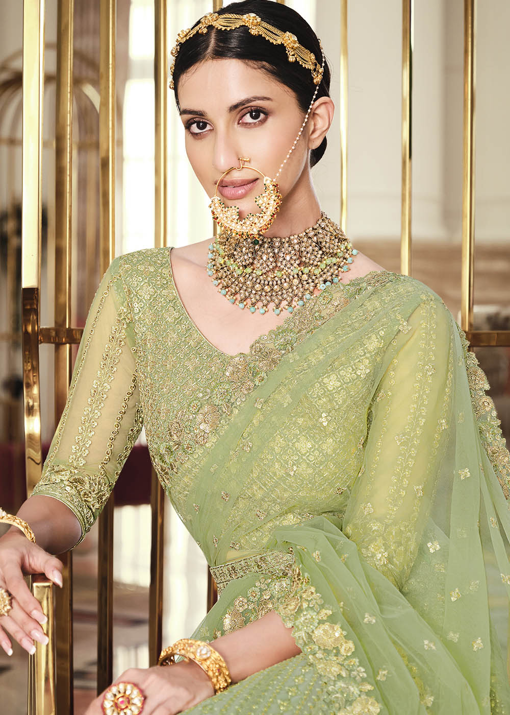 Pine Glade Green Net Designer Lehenga With Heavy Embroidered Work