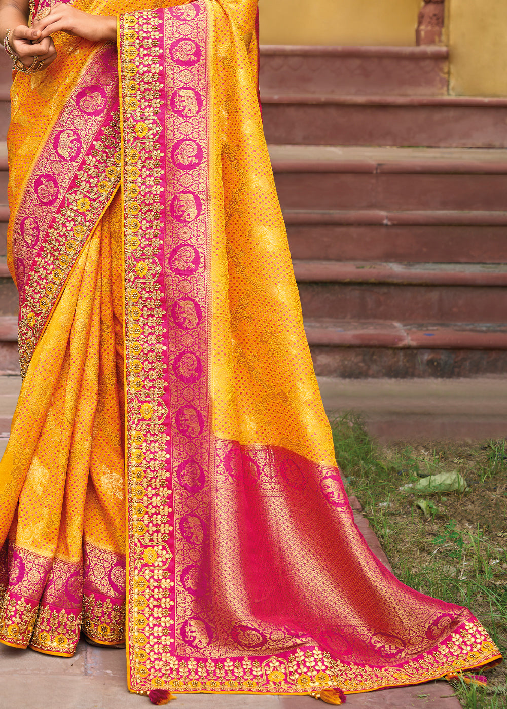 Sea Yellow and Pink Embroidered Dola Silk Saree