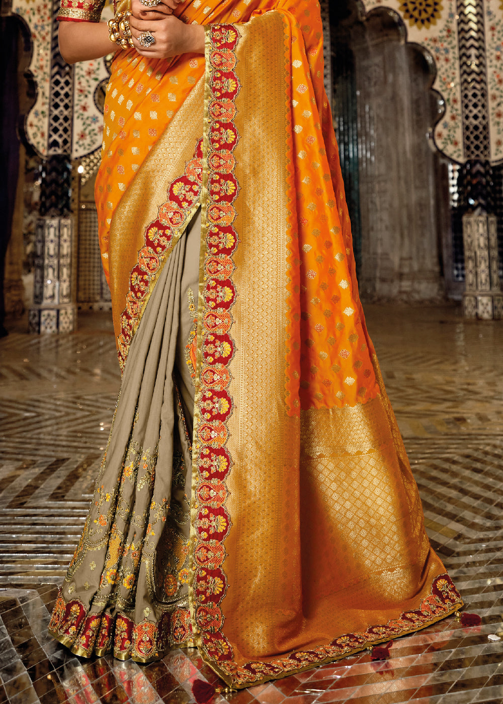 Cedar Chest Orange Zari Woven Designer Banarasi Saree