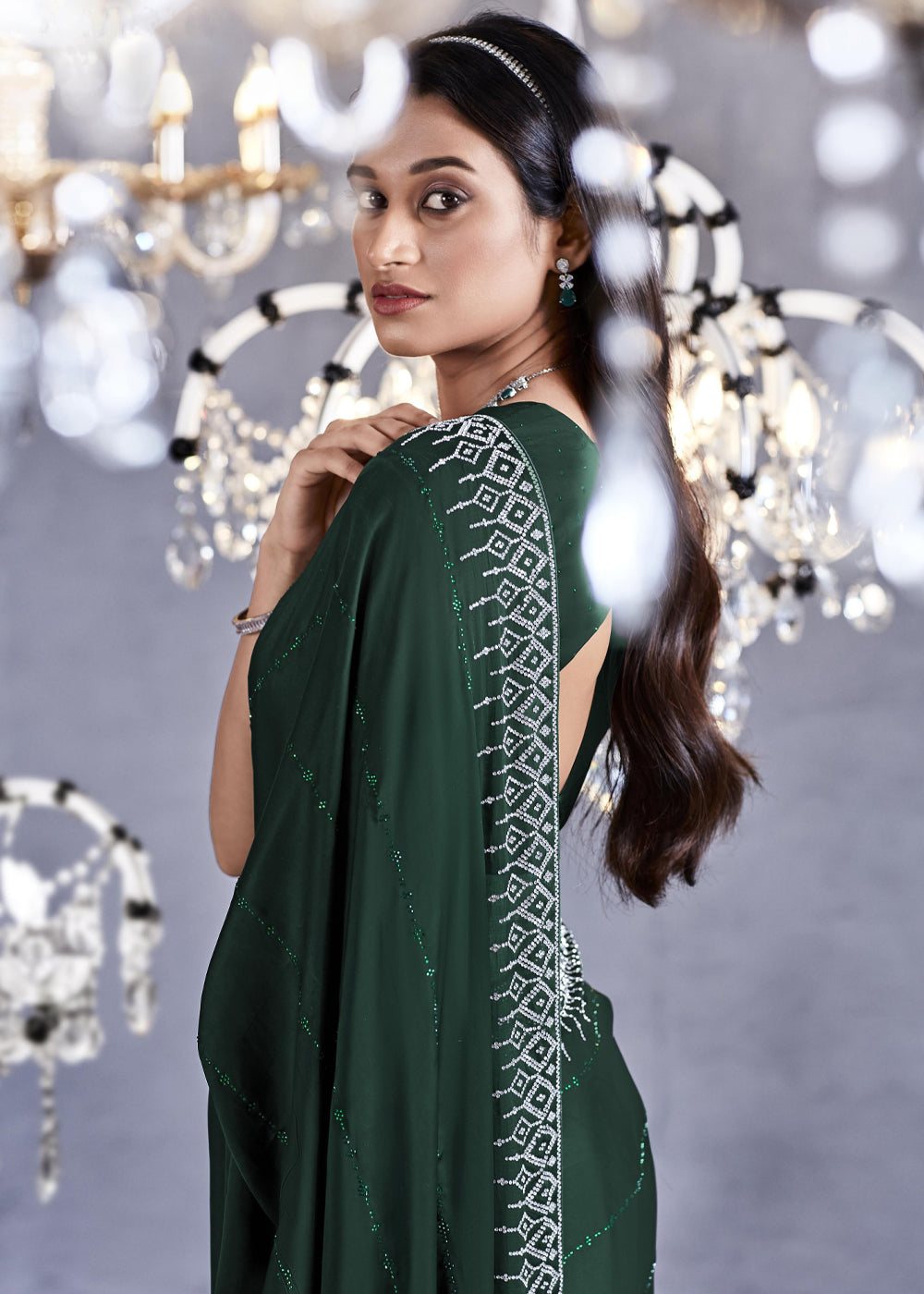 Everglade Green Woven Embroidered Satin Silk Saree