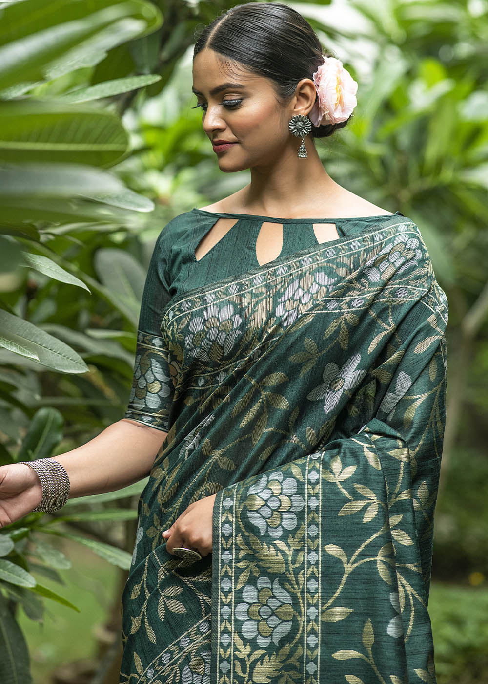 Asparagus Green Zari Woven Floral Tussar Saree