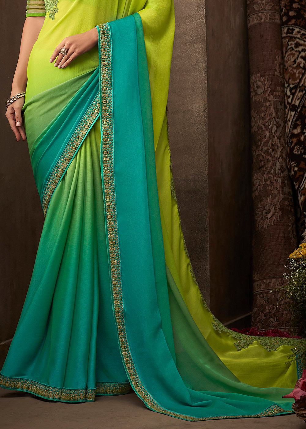 Christi Green and Blue Embroidered Chiffon Designer Saree