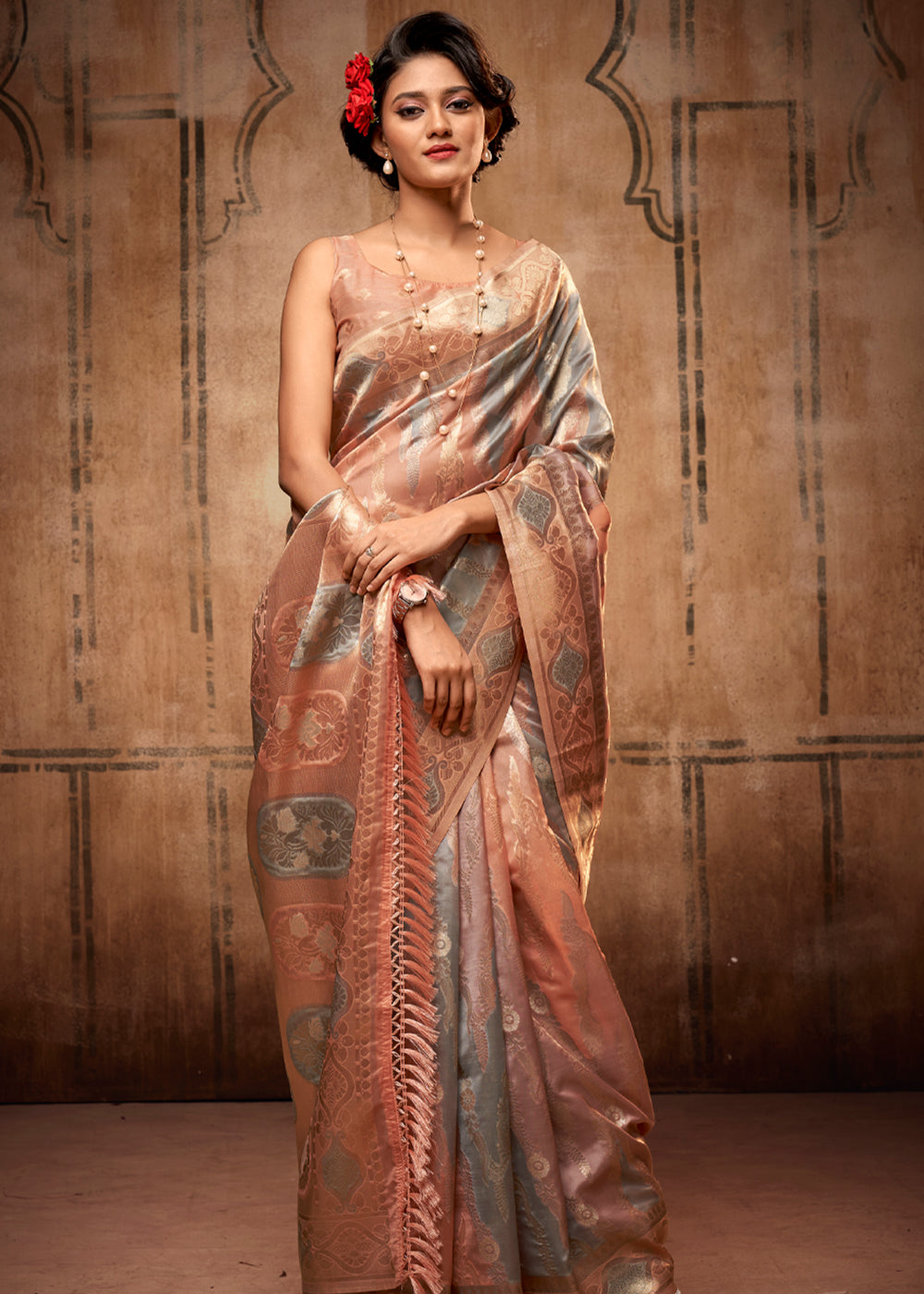 Beaver Grey and Peach Zari Woven Banarasi Organza Saree