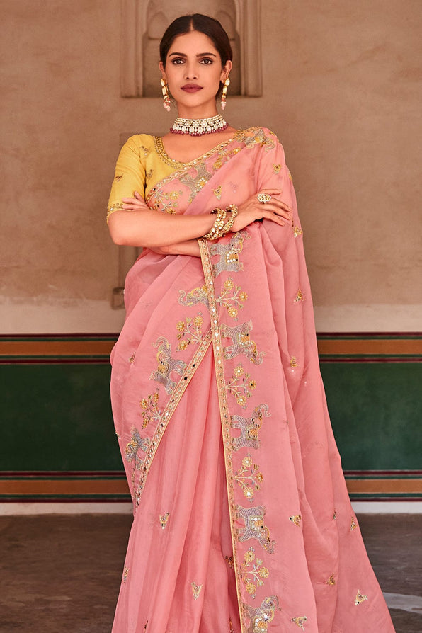 Sweet Pink and Yellow Organza Saree