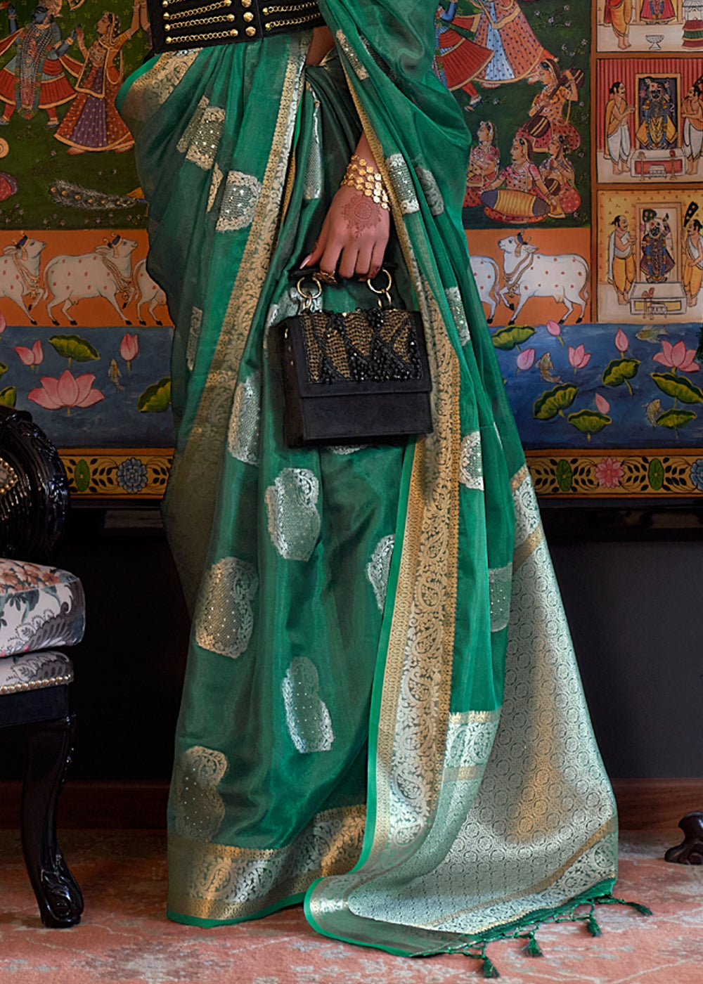 Polished Pine Green Woven Banarasi Organza Silk Saree