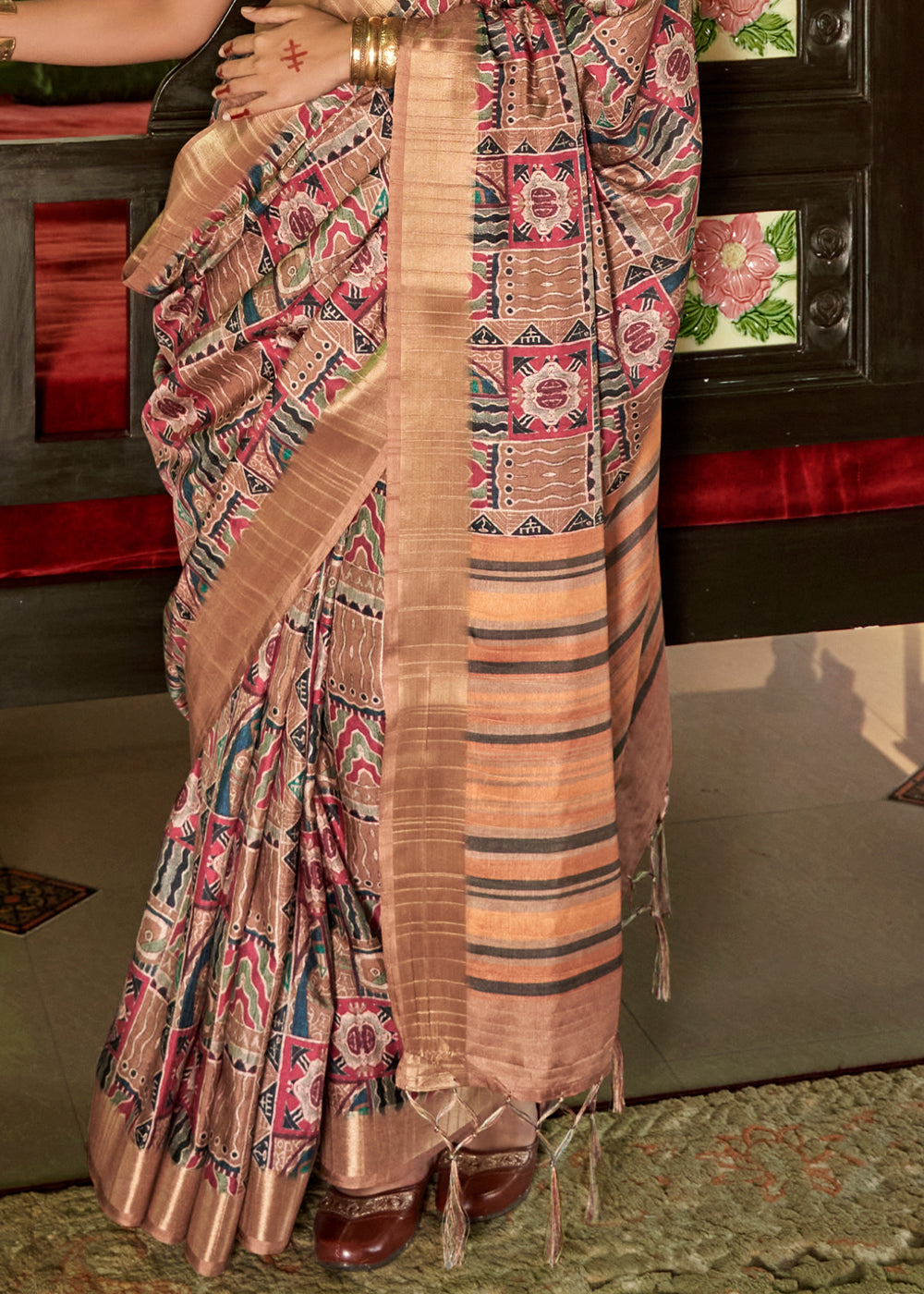 Brandy Rose Pink and Brown Designer Printed Silk Saree