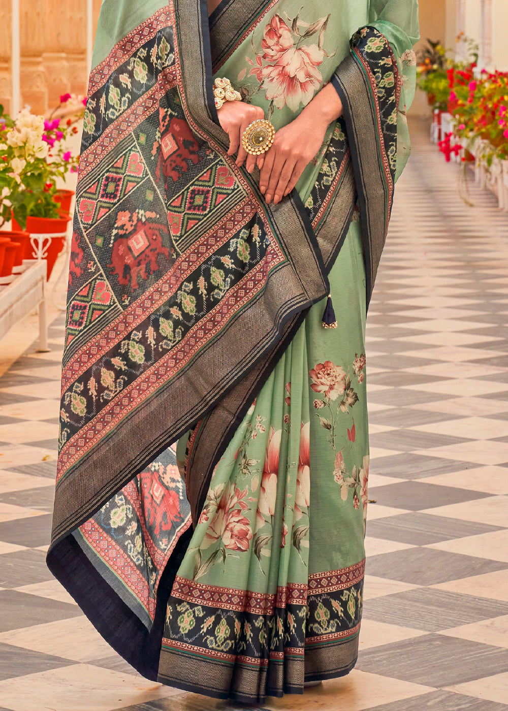 Sage Green Printed Chiffon Patola Silk Saree