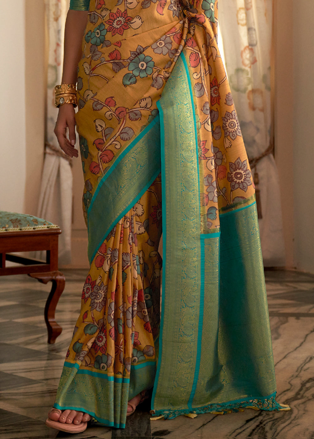 Brulee Yellow Woven Banarasi Tussar Silk Kalamkari Saree