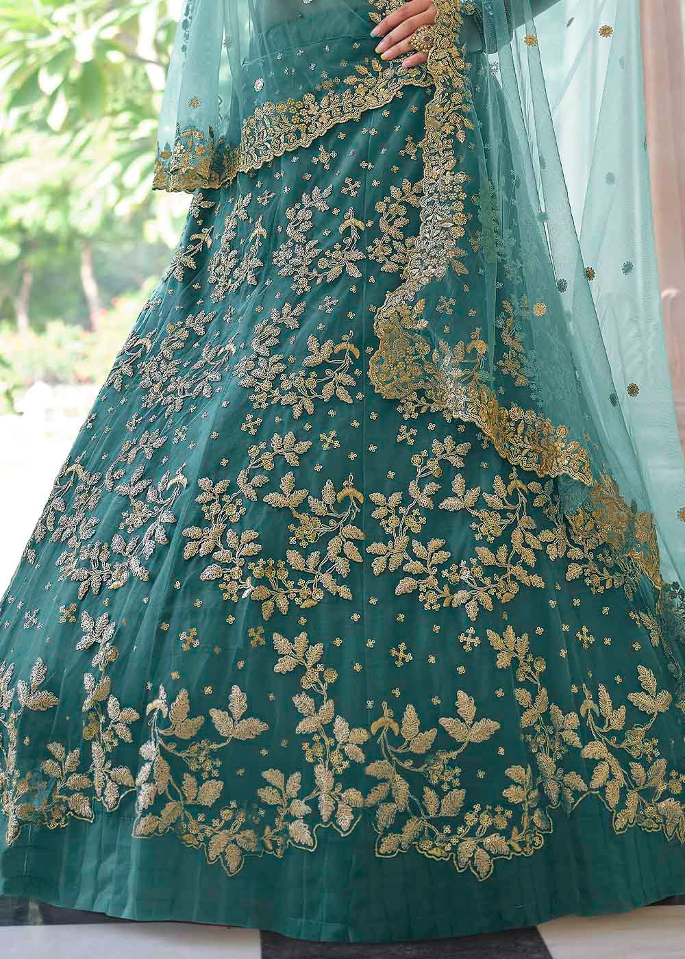 Plantation Green Soft Net Designer Lehenga Choli With Dori & Sequins Work