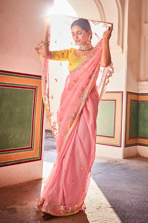 Sweet Pink and Yellow Organza Saree