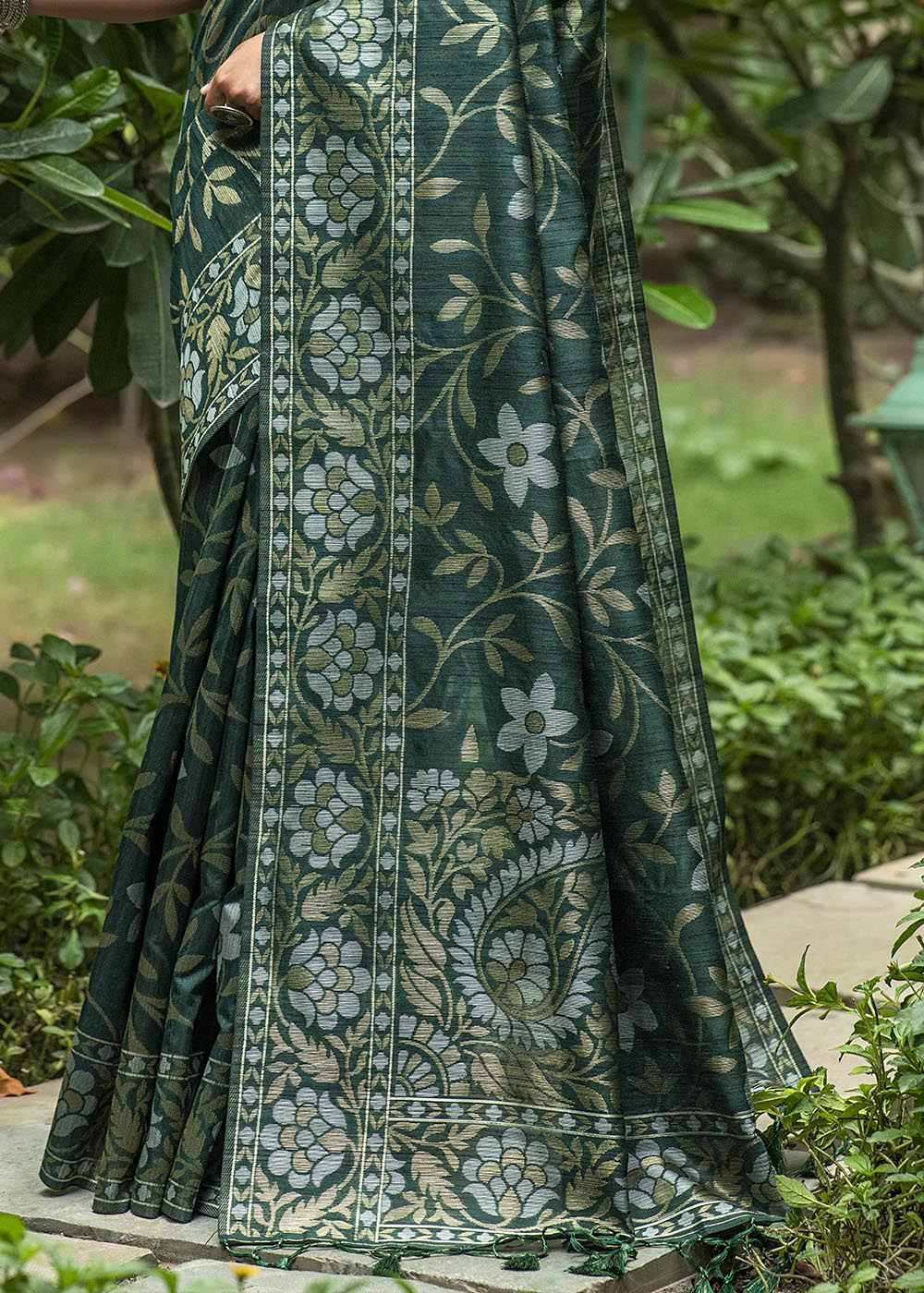 Asparagus Green Zari Woven Floral Tussar Saree