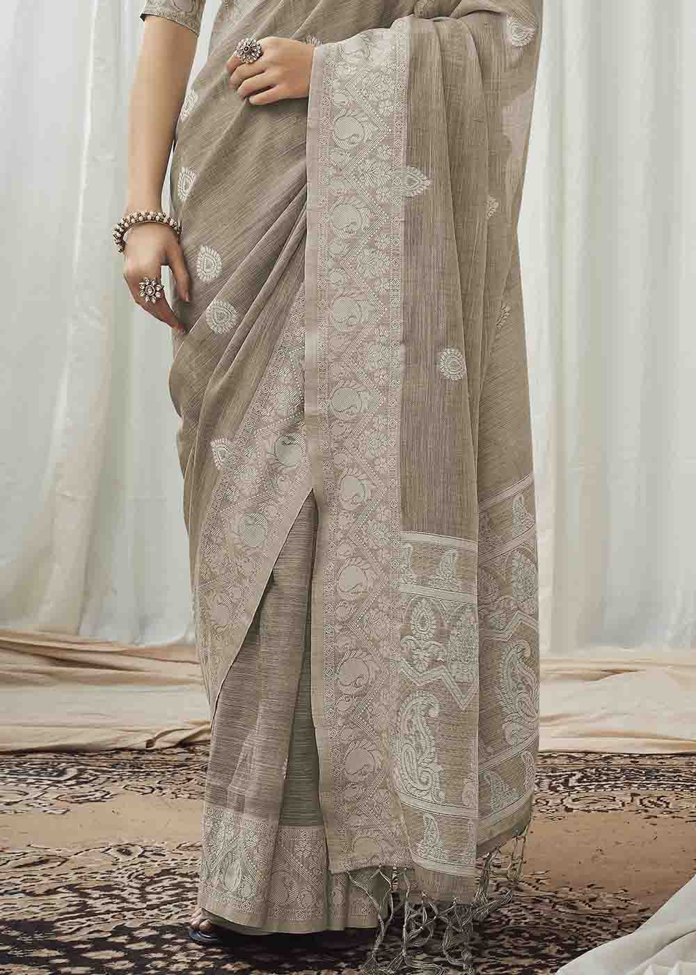 Crocodile Grey Chikankari Linen Saree