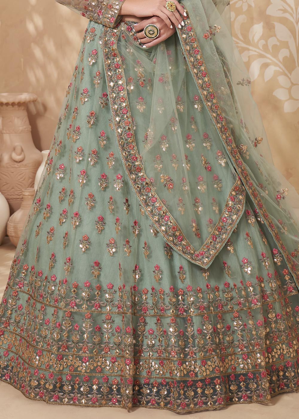 Envy Green Designer Net Lehenga with Multi Thread Embroidery Work