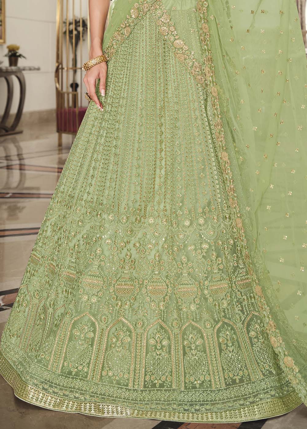 Pine Glade Green Net Designer Lehenga With Heavy Embroidered Work