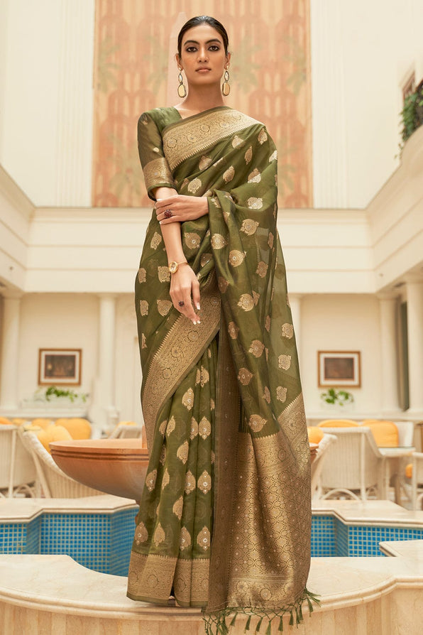 Yellow Metal Green Zari Woven Organza Silk Saree