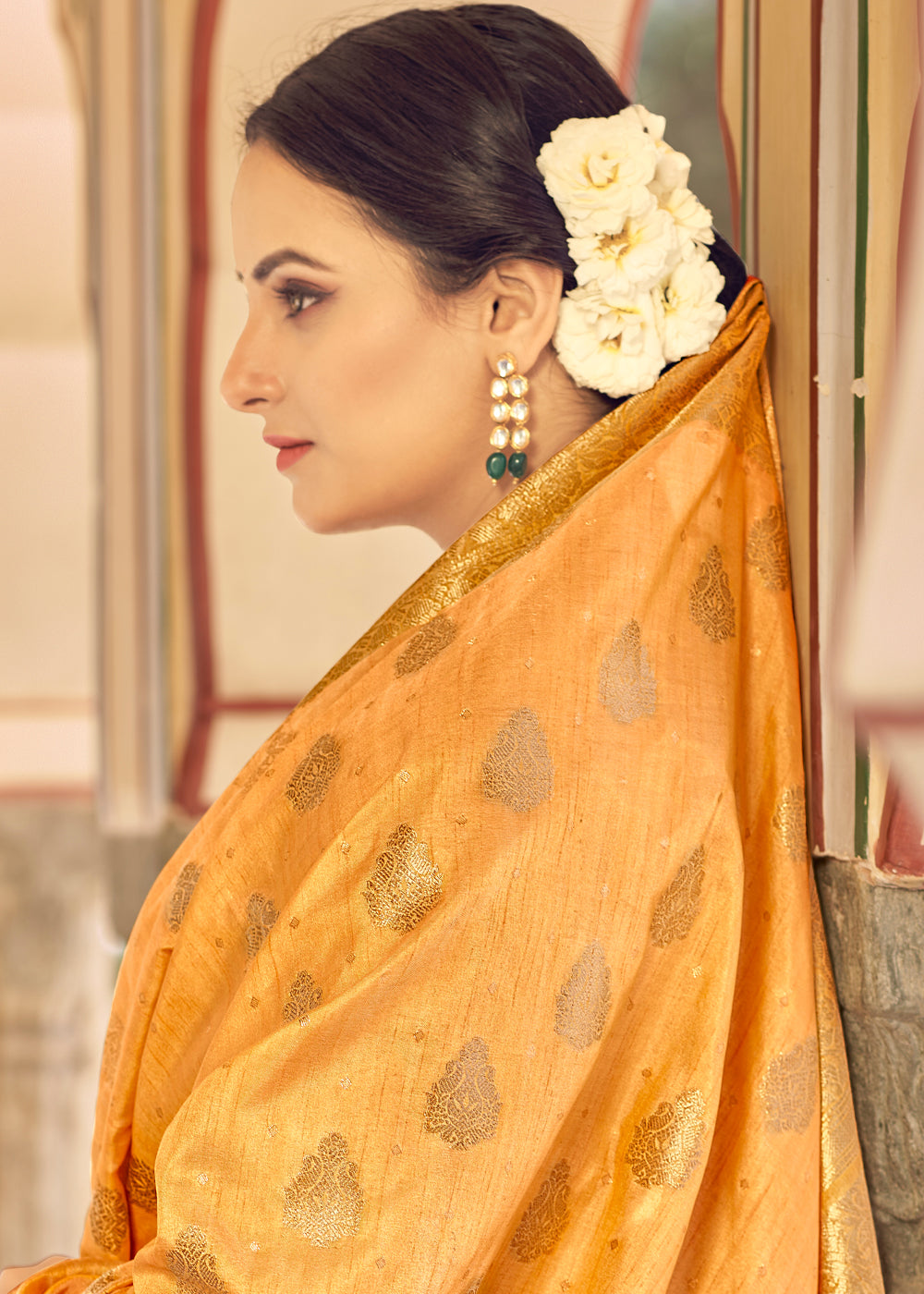 Sandy Yellow Zari Woven Banarasi Linen Saree