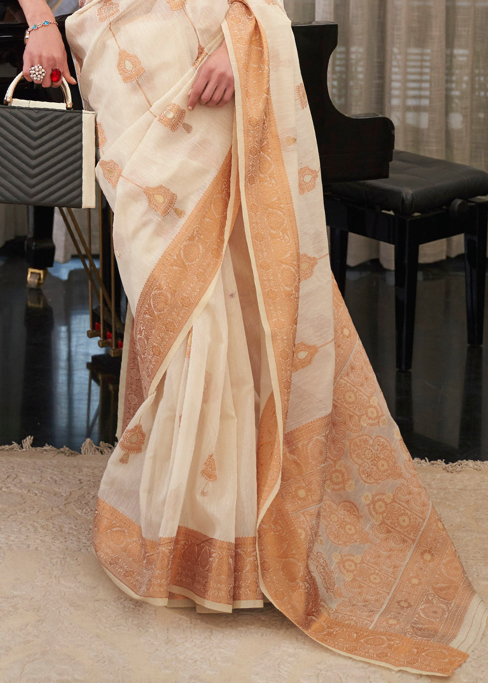 Apricot White Zari Woven Linen Saree