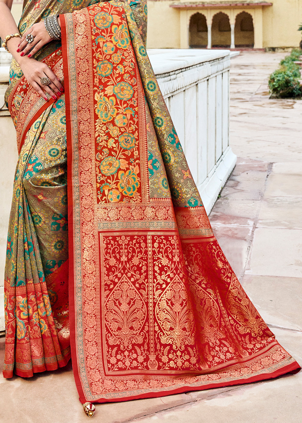 Sage Green and Red Designer Banarasi Saree