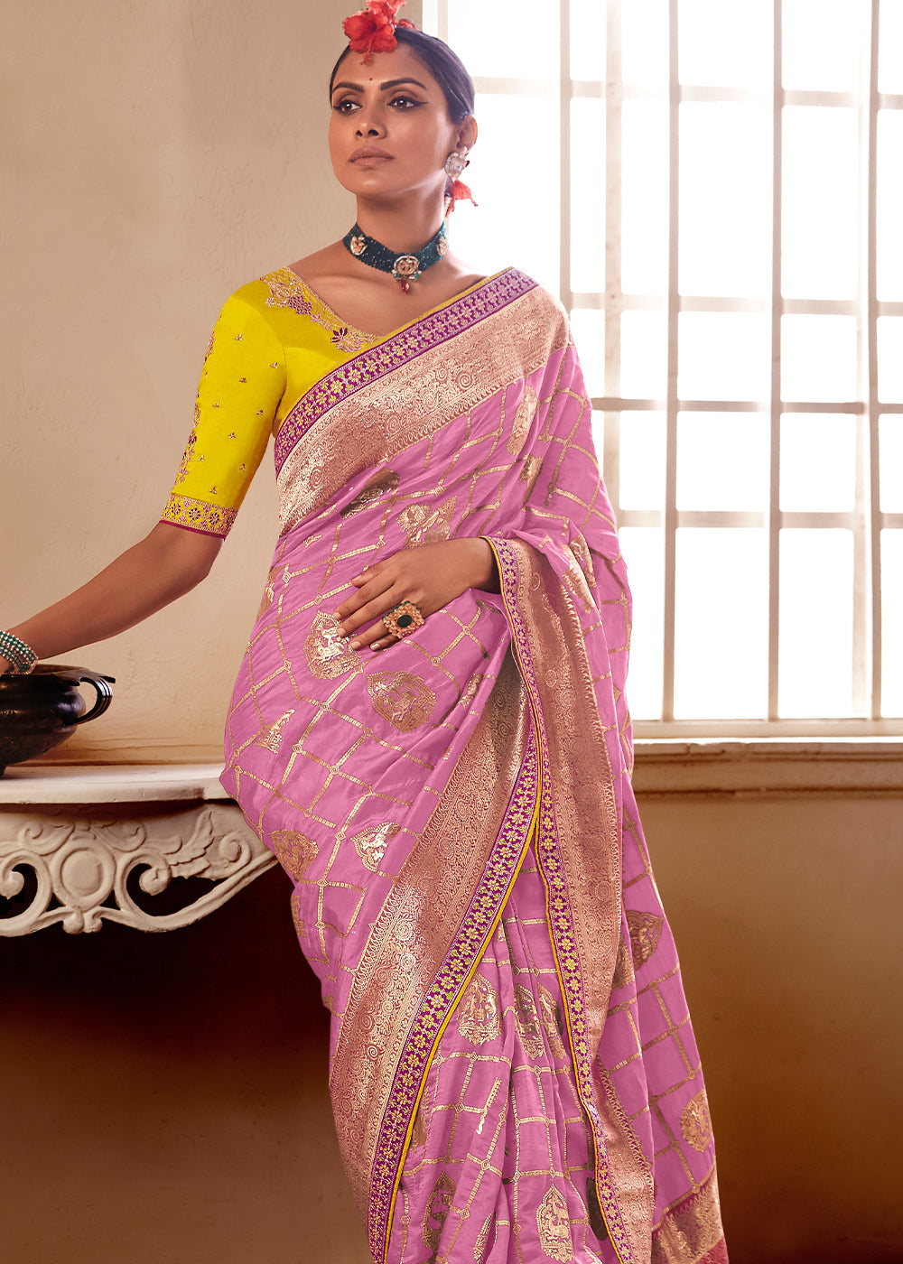 Hopbush Pink and Yellow Banarasi Saree with Designer Blouse