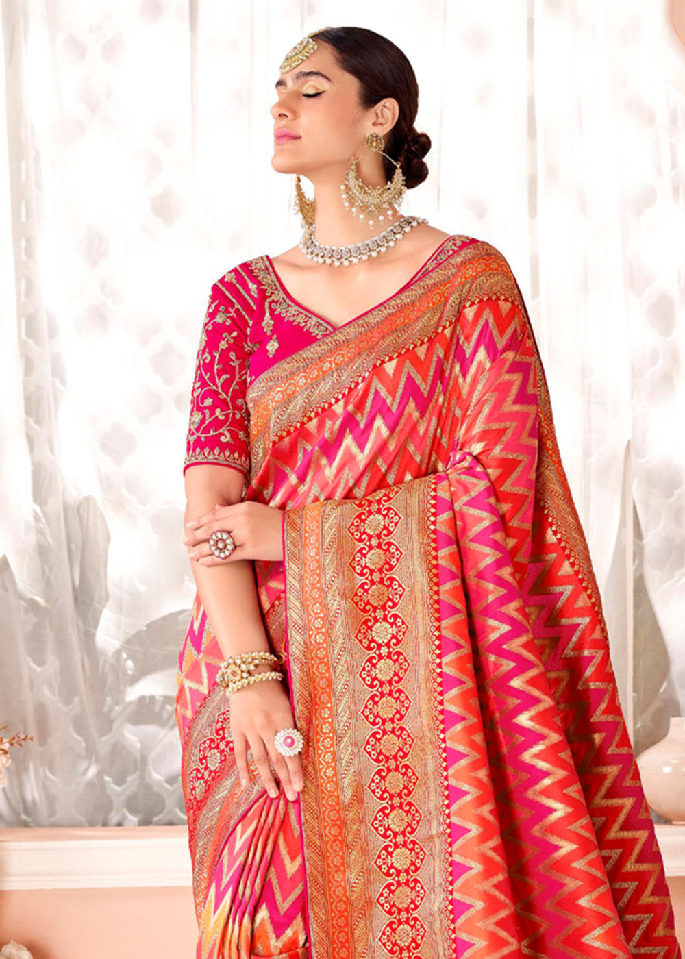 Bittersweet Pink and Orange Zari Woven Banarasi Saree with Designer Blouse