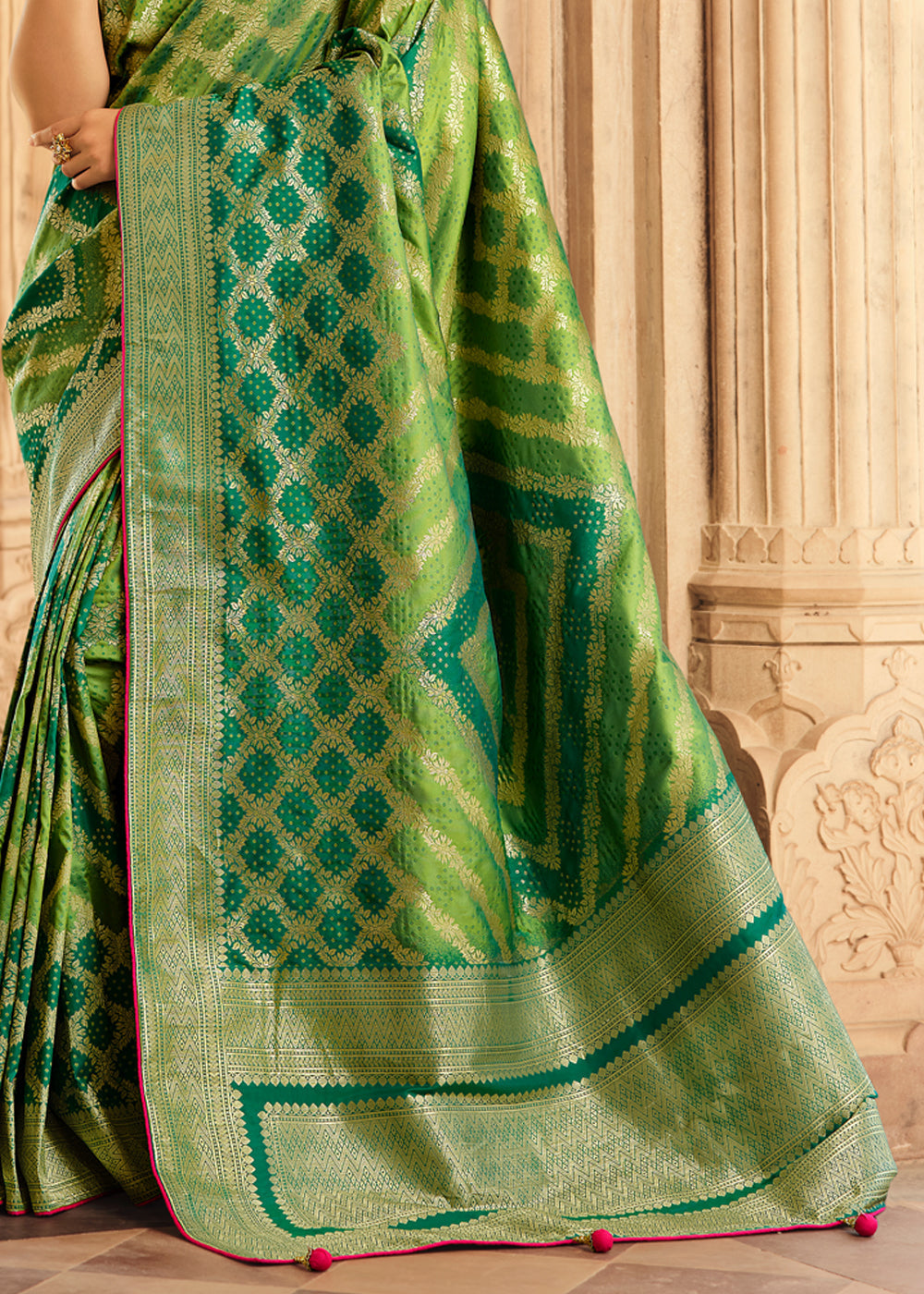 Olive Green and Pink Zari Woven Banarasi Saree with Designer Blouse