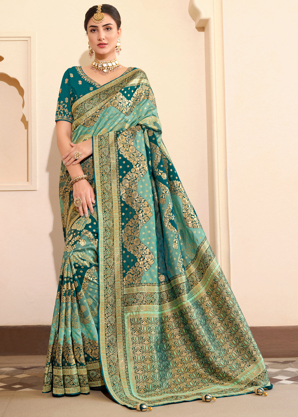 Patina Green and Blue Woven Designer Banarasi Silk Saree