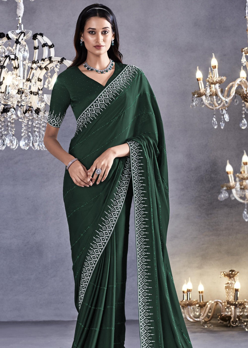 Everglade Green Woven Embroidered Satin Silk Saree