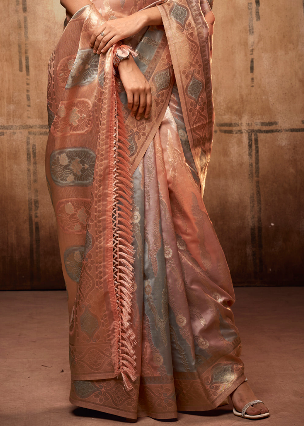 Beaver Grey and Peach Zari Woven Banarasi Organza Saree