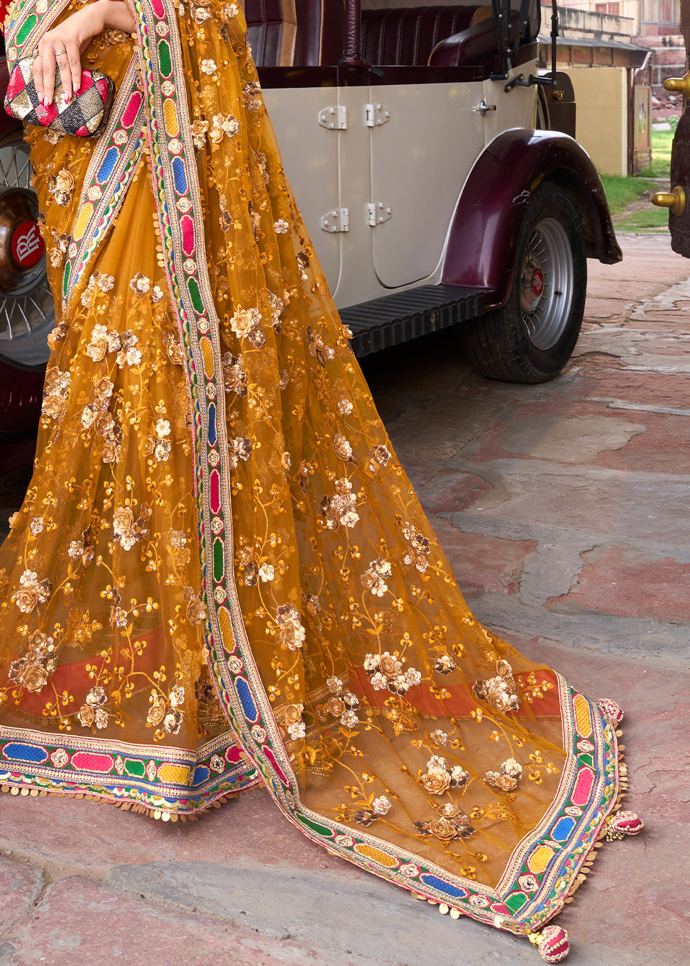 Fire Bush Yellow and Red Designer Silk Saree